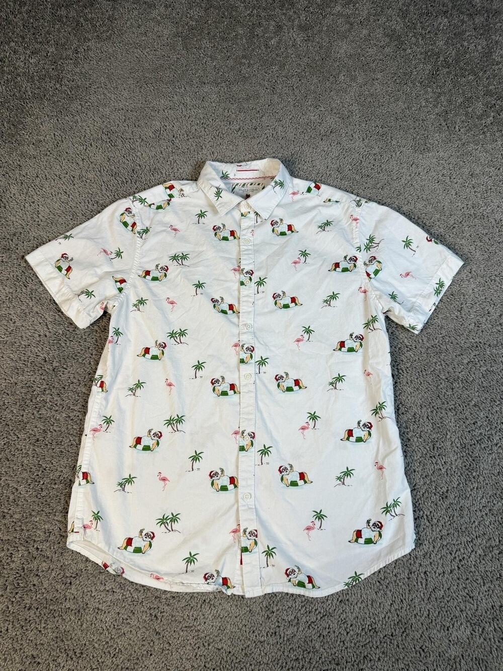 Denim & Flower Shirt Mens M White Santa Claus Hawaiian Christmas Flamingo